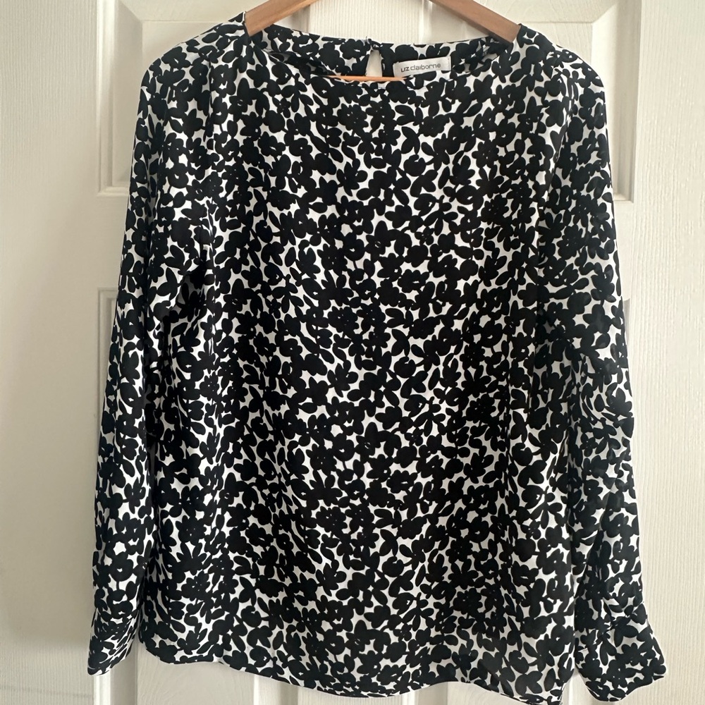 Liz Claiborne Black & White Boatneck Floral Printed Long-Sleeve Top